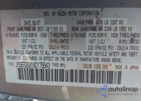 2008 Mazda Cx-7 Grand Touring z USA, uszkodzony, nr VIN JM3ER293180175543